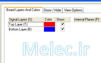 در این صفحه همه ی لایه های موجود در نرم افزار نشان داده می شود. با استفاده از ستون show می توانید نمایش یا عدم نمایش لایه را تنظیم کنید. در بخش color نیز می توانید رنگ لایه را عوض کنید که البته این کار معمولا انجام نمی شود. مهم ترین بخش این پنجره بخش Signal layers هست که می توانید نمایش یا عدم نمایش لایه های سیگنال را تنظیم کنید.