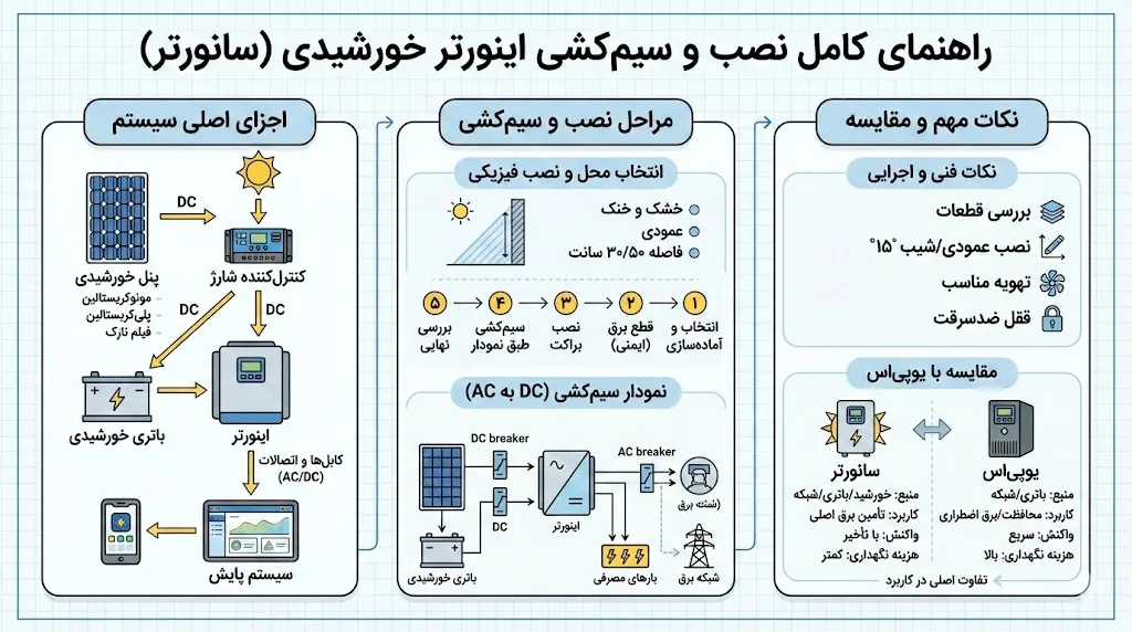 راهنمای کامل نصب و سیم کشی اینورتر خورشیدی (سانورتر)